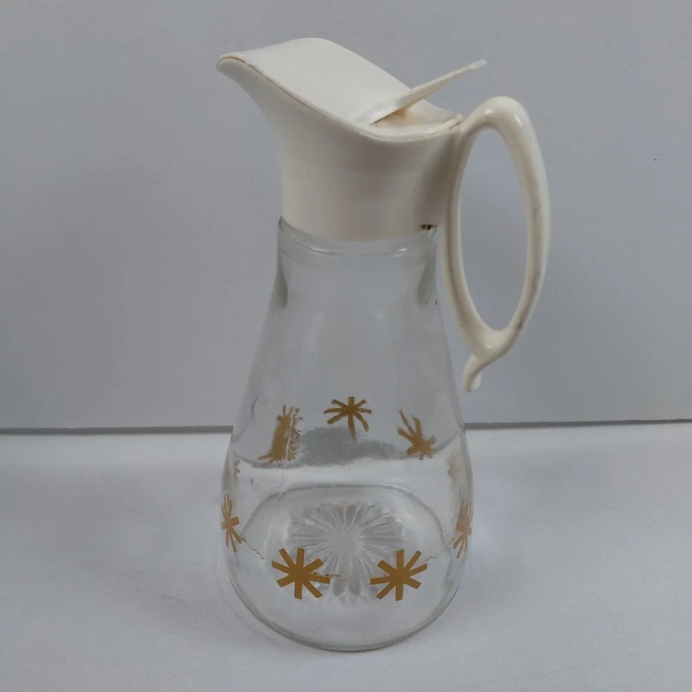 Vintage Log Cabin Syrup Pitcher Glass Dispenser Gold Atomic Starburst